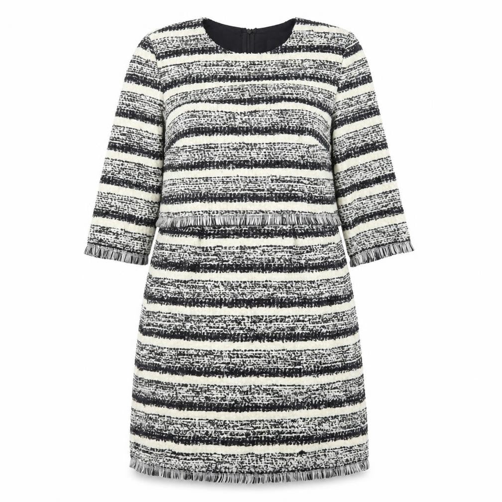 Front view of Jaune Rouge women’s black striped viscose shift, size M, boat neck zip