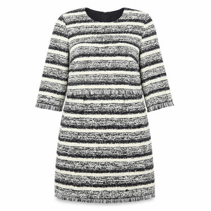 Front view of Jaune Rouge women’s black striped viscose shift, size M, boat neck zip