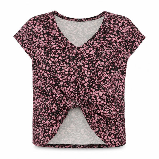 Front view of Very women’s black floral viscose basic t-shirt, size UK 16, v-neck