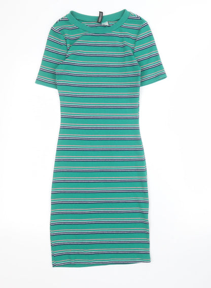 H&M Womens Green Striped Polyester Bodycon  Size XS  Crew Neck Pullover - Ribbed