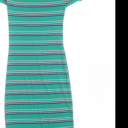 H&M Womens Green Striped Polyester Bodycon  Size XS  Crew Neck Pullover - Ribbed