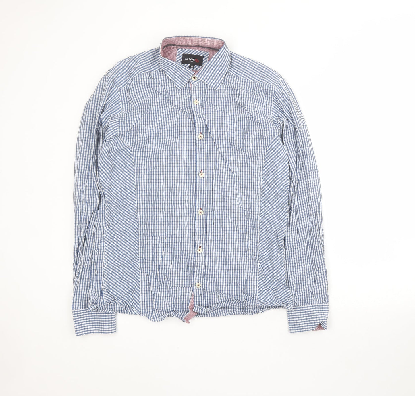 REMUS Mens Blue Plaid Cotton  Button-Up Size M Collared Button