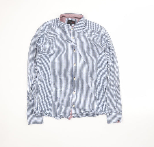 REMUS Mens Blue Plaid Cotton  Button-Up Size M Collared Button