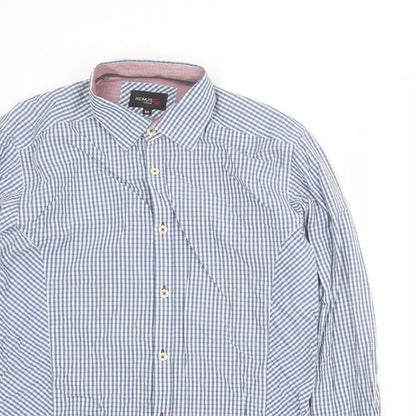 REMUS Mens Blue Plaid Cotton  Button-Up Size M Collared Button