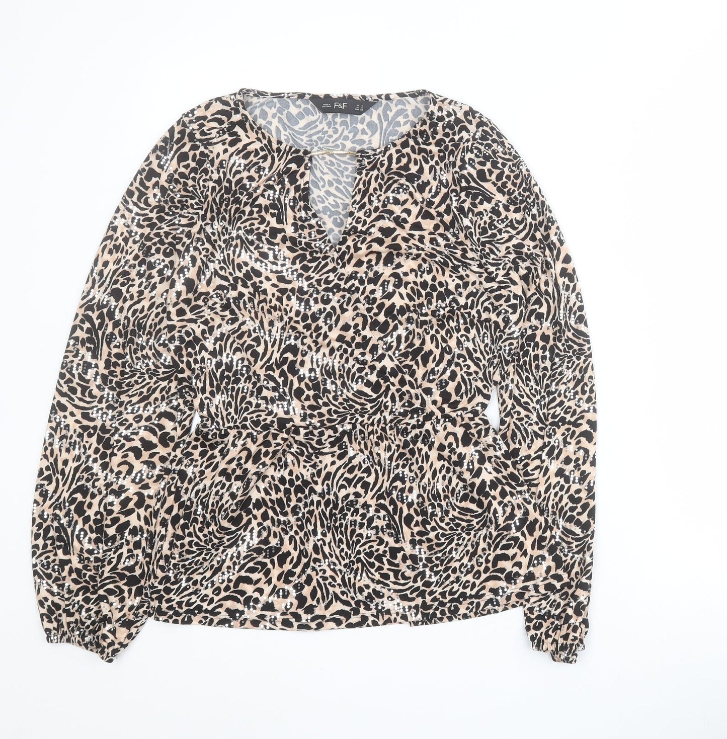 F&F Womens Beige Animal Print Polyester Basic T-Shirt Size 6 Round Neck