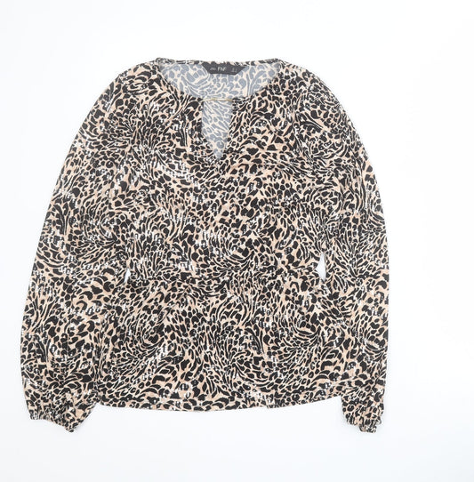 F&F Womens Beige Animal Print Polyester Basic T-Shirt Size 6 Round Neck