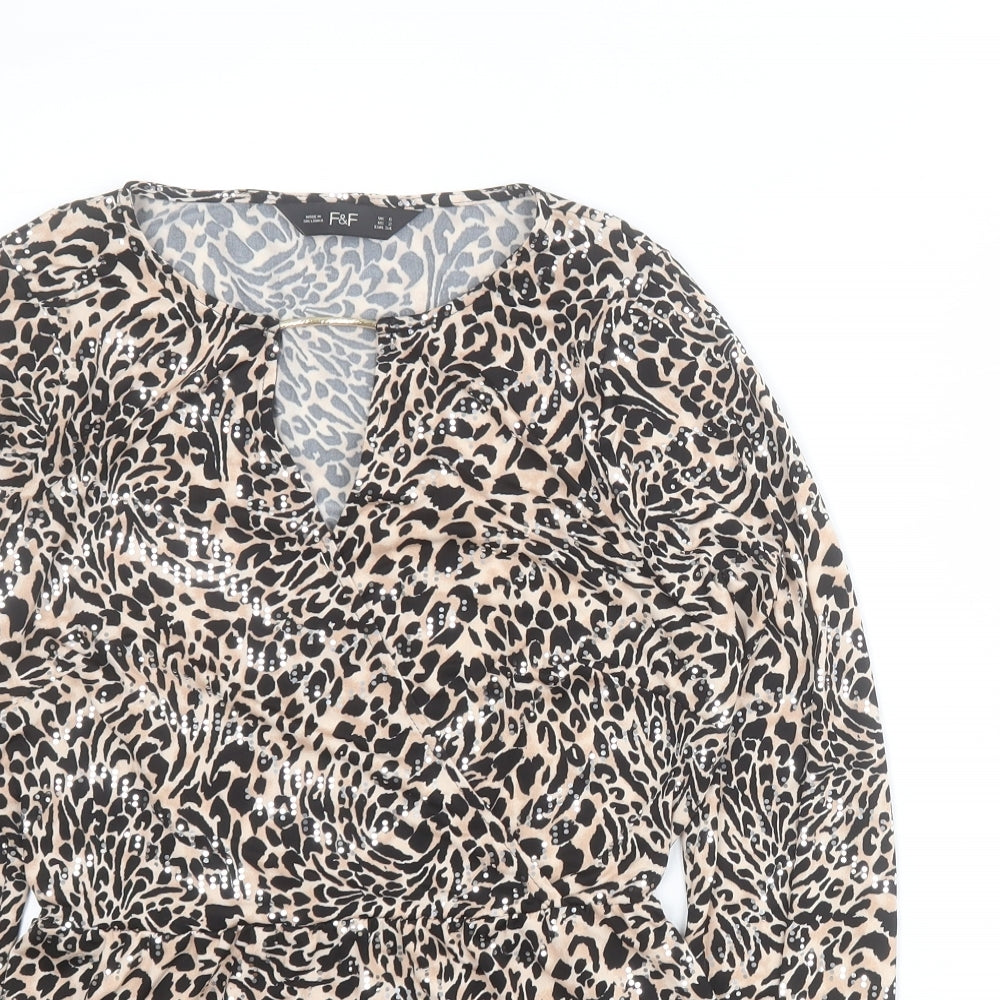 F&F Womens Beige Animal Print Polyester Basic T-Shirt Size 6 Round Neck