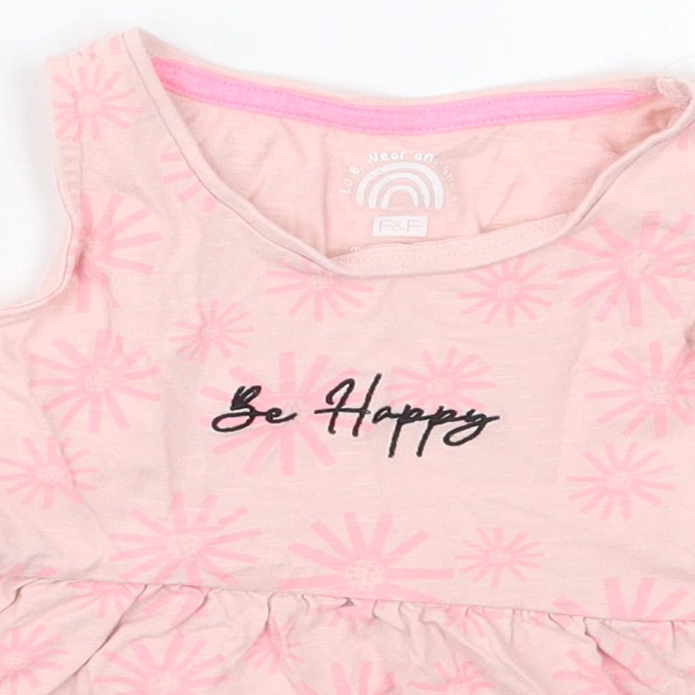 F&F Girls Pink Geometric Cotton Basic Tank Size 3-4 Years Crew Neck Pullover - Be Happy