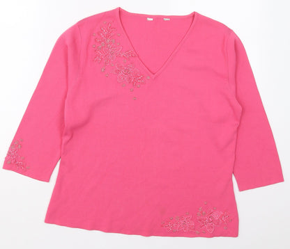 Heather Valley Womens Pink V-Neck  Viscose Pullover Jumper Size 12   - Flowers