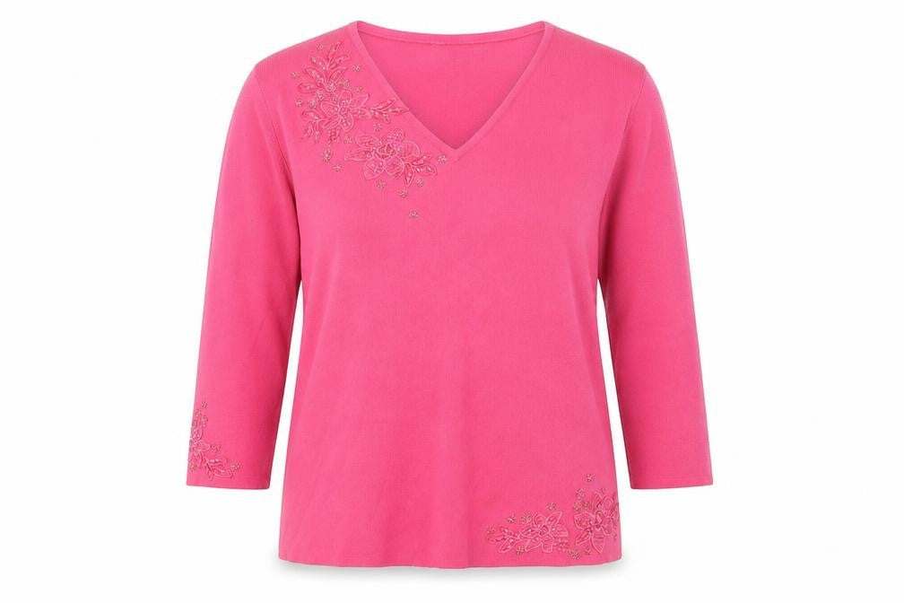 Front view of Heather Valley women’s pink v-neck viscose jumper, size UK 12, - flowers