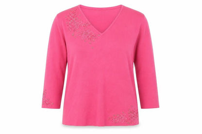 Front view of Heather Valley women’s pink v-neck viscose jumper, size UK 12, - flowers