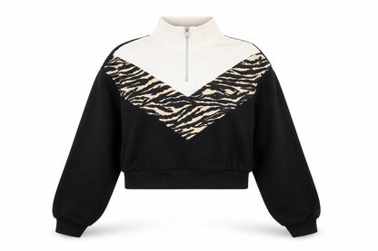 Front view of H&M women’s black high neck animal print cotton jumper, size XS