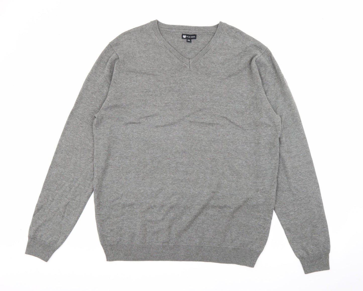 Palm Grove Mens Grey V-Neck  Cotton Pullover Jumper Size 2XL