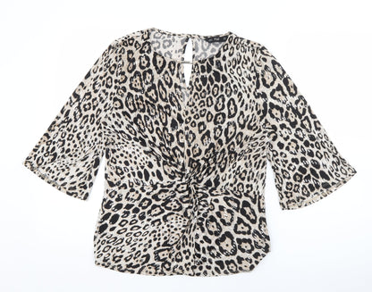 F&F Womens Beige Round Neck Animal Print Polyester Pullover Jumper Size 12