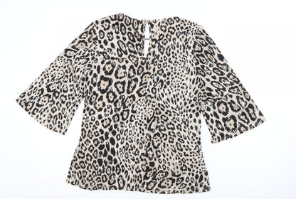 F&F Womens Beige Round Neck Animal Print Polyester Pullover Jumper Size 12