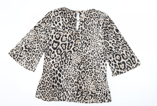 F&F Womens Beige Round Neck Animal Print Polyester Pullover Jumper Size 12