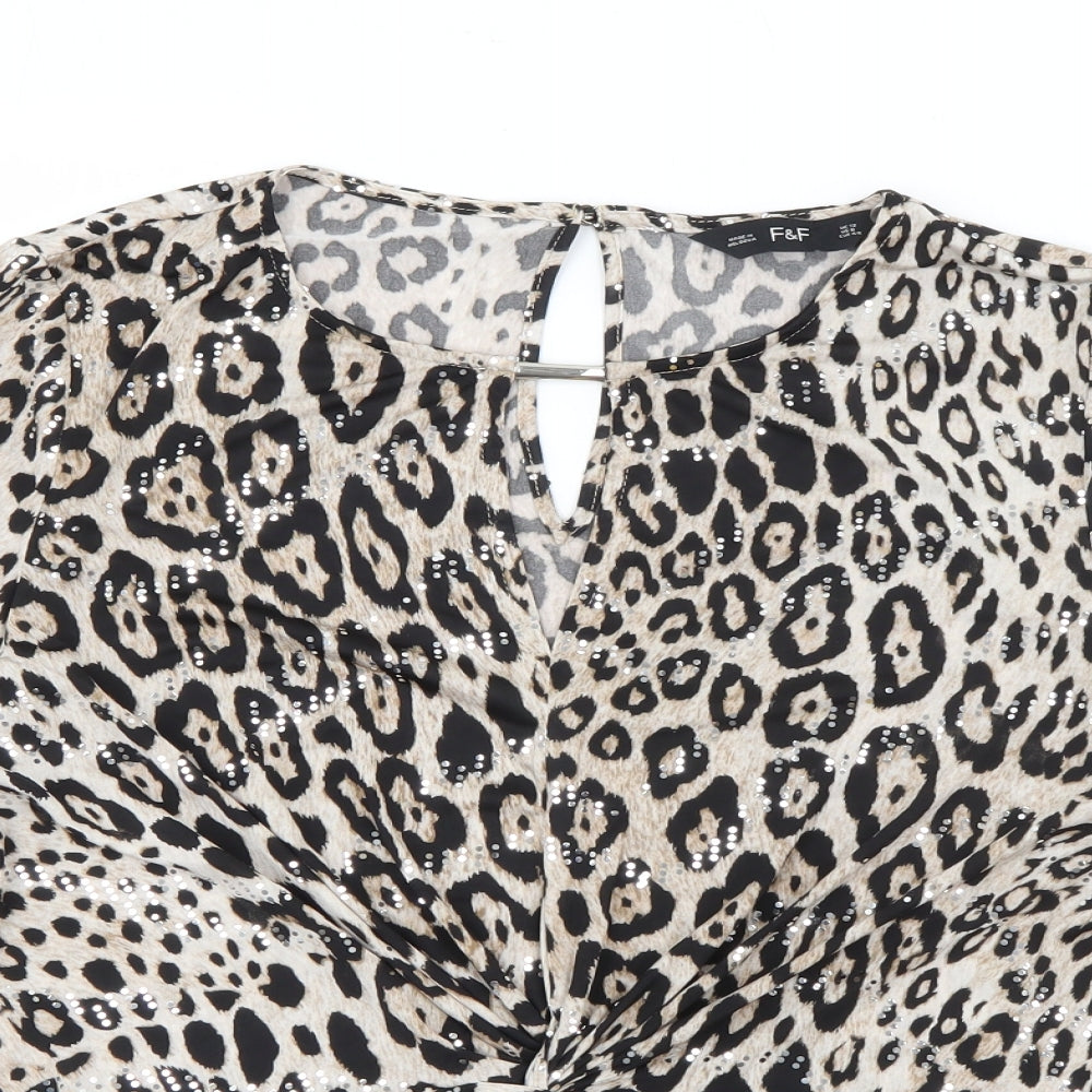 F&F Womens Beige Round Neck Animal Print Polyester Pullover Jumper Size 12