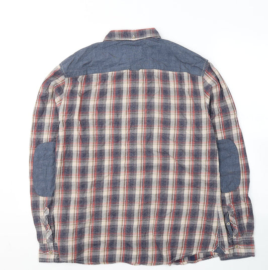 River Island Mens Blue Plaid Cotton  Button-Up Size L Collared Button