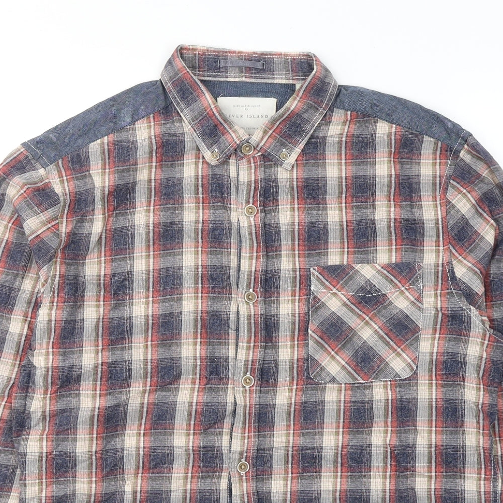 River Island Mens Blue Plaid Cotton  Button-Up Size L Collared Button