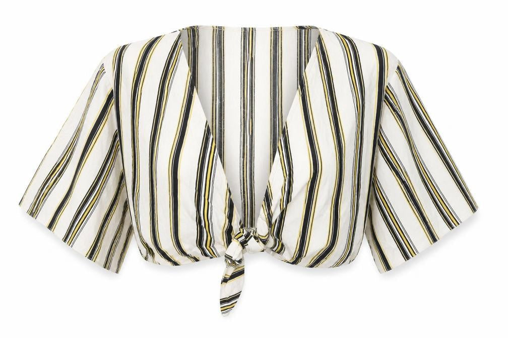 Front view of New Look women’s white striped cotton cropped blouse, size UK 12, v-neck - tie detail