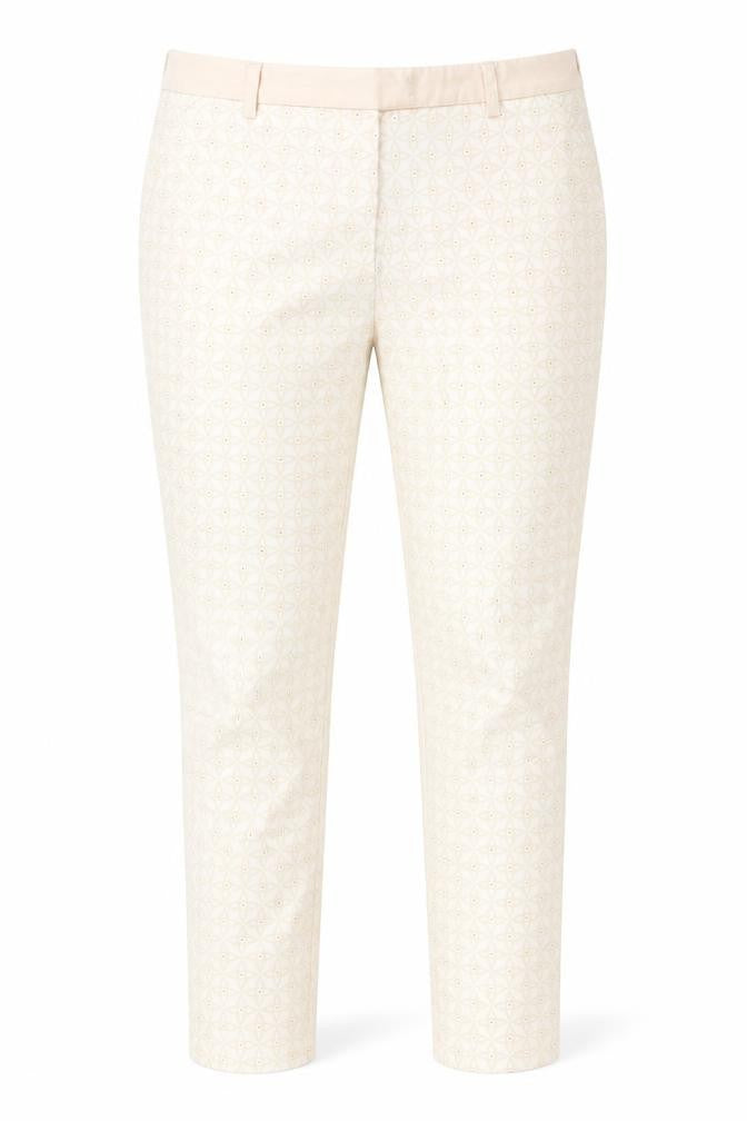 Front view of H&M women’s ivory geometric cotton skinny jeans, size UK 10, 27-inch leg regular button