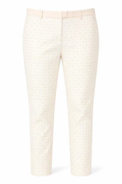 Front view of H&M women’s ivory geometric cotton skinny jeans, size UK 10, 27-inch leg regular button