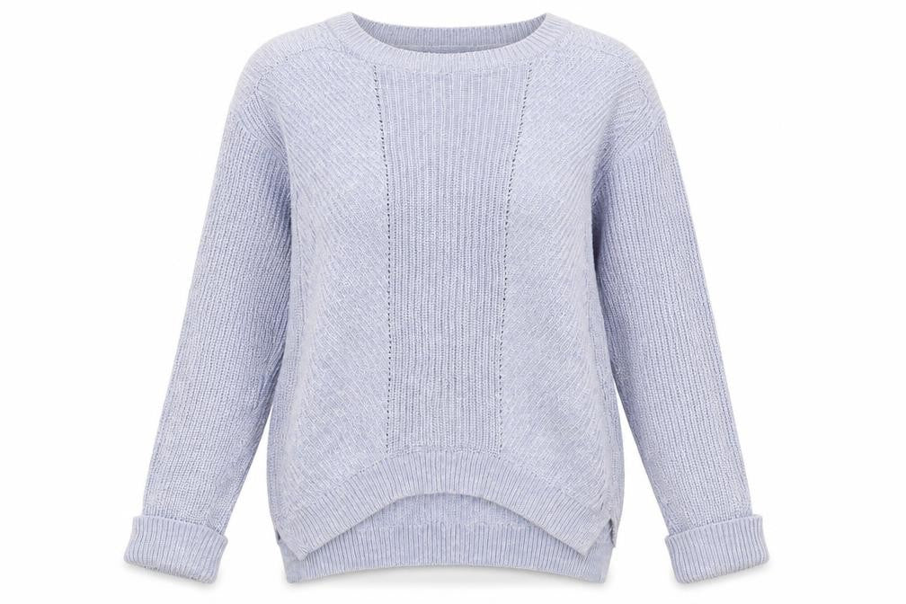 Front view of Marks & Spencer women’s blue boat neck cotton jumper, size S