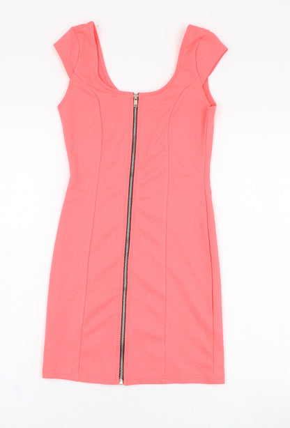 H&M Womens Pink  Polyester Pencil Dress  Size 6  Round Neck Zip