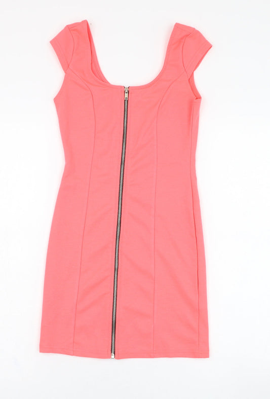 H&M Womens Pink  Polyester Pencil Dress  Size 6  Round Neck Zip