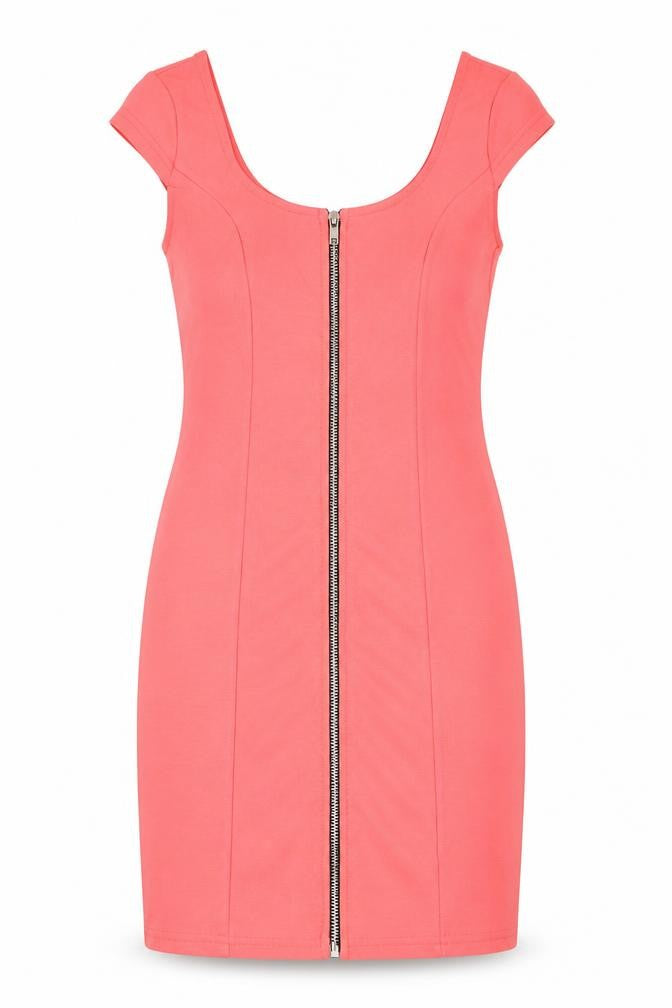 Front view of H&M women’s pink polyester pencil dress, size UK 6, round neck zip