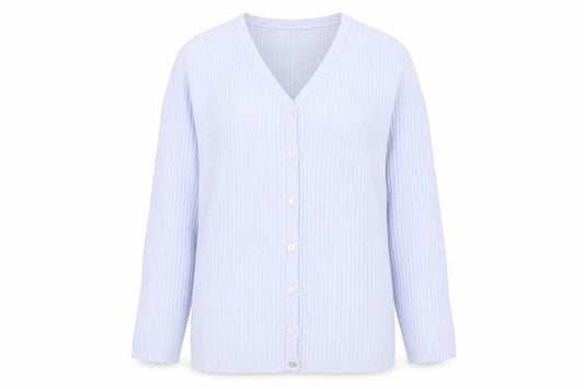 Front view of Dash women’s blue v-neck polyester cardigan jumper, size UK 14