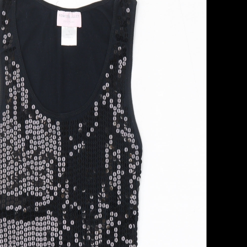 Romeo & Juliet Couture Womens Black  Cotton Basic Tank Size L Round Neck