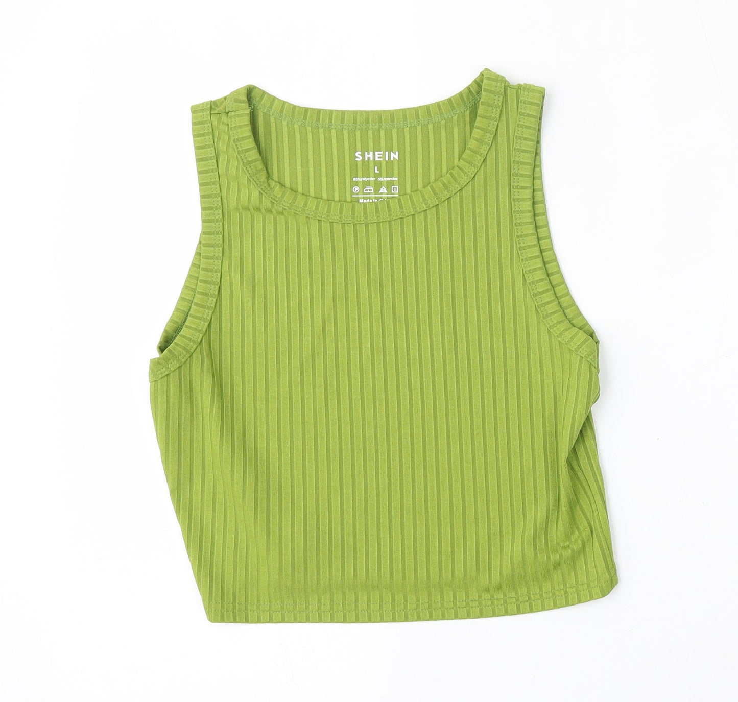 SheIn Womens Green Striped Polyester Basic Tank Size L Round Neck