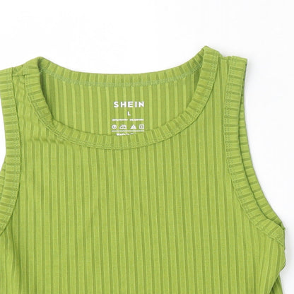 SheIn Womens Green Striped Polyester Basic Tank Size L Round Neck