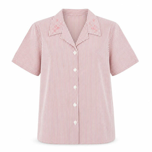 Front view of Boldgreen women’s pink striped cotton basic button-up, size L, collared