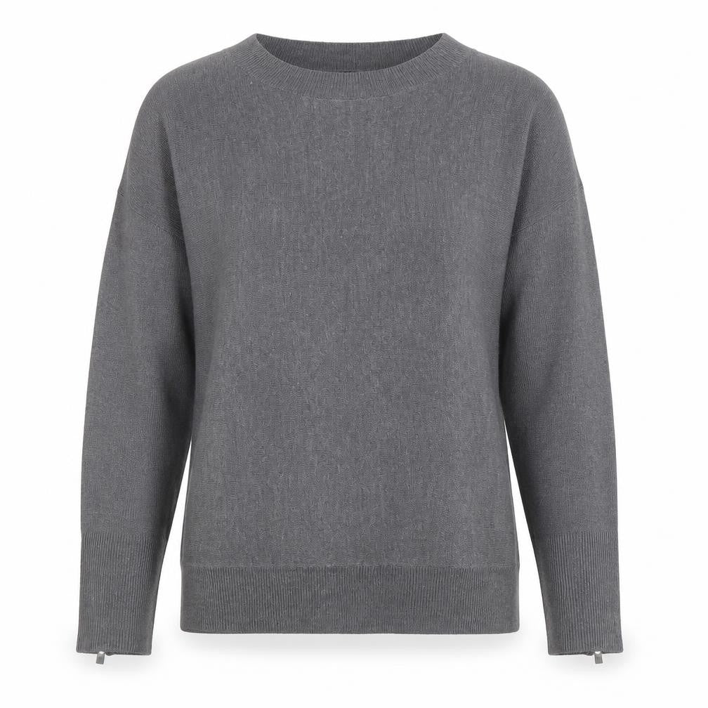 Front view of Dorothy Perkins women’s grey round neck acrylic jumper, size UK 8, - zip sleeves