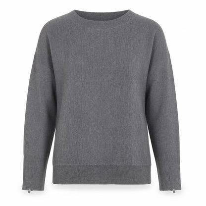 Front view of Dorothy Perkins women’s grey round neck acrylic jumper, size UK 8, - zip sleeves