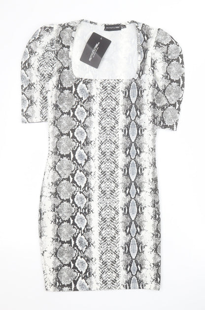 PRETTYLITTLETHING Womens Grey Animal Print Polyester Bodycon  Size 8  Square Neck Pullover