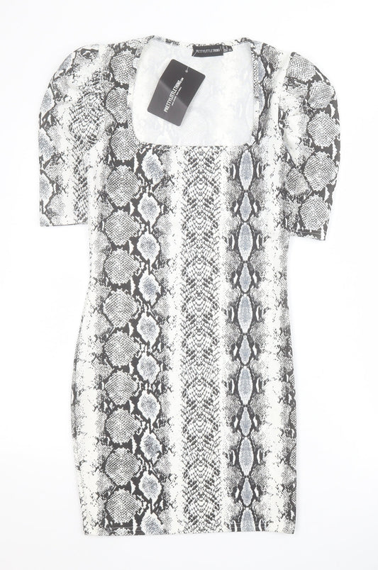 PRETTYLITTLETHING Womens Grey Animal Print Polyester Bodycon  Size 8  Square Neck Pullover