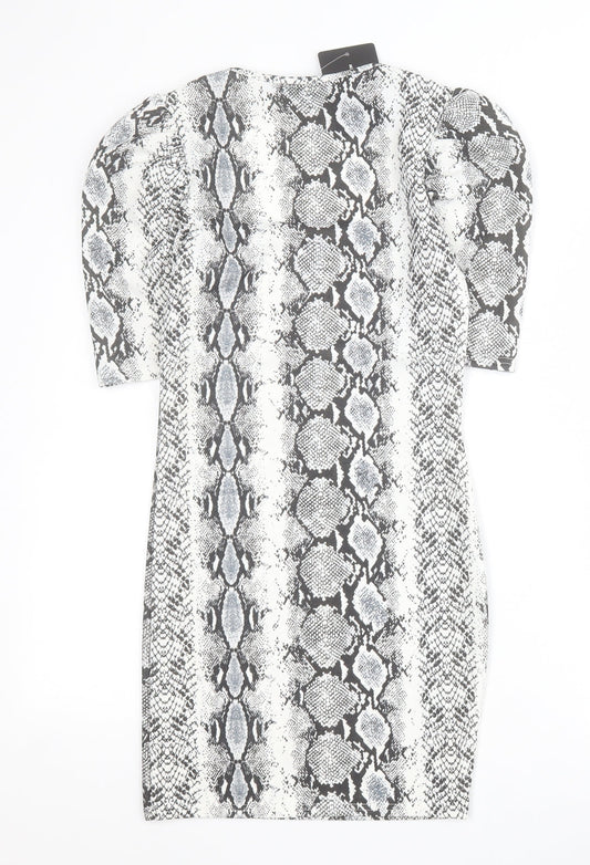 PRETTYLITTLETHING Womens Grey Animal Print Polyester Bodycon  Size 8  Square Neck Pullover