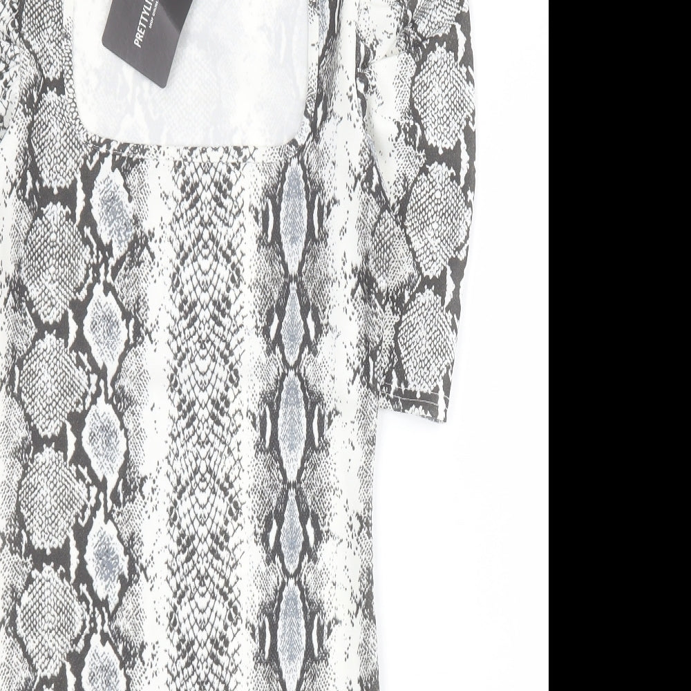 PRETTYLITTLETHING Womens Grey Animal Print Polyester Bodycon  Size 8  Square Neck Pullover