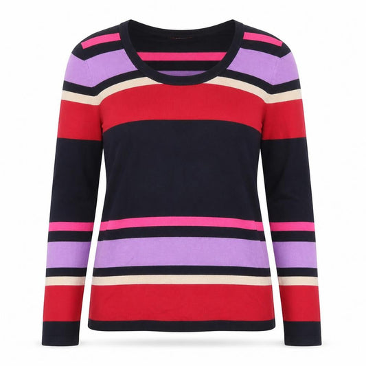 Front view of Savoir women’s multicoloured round neck striped viscose jumper, size UK 14