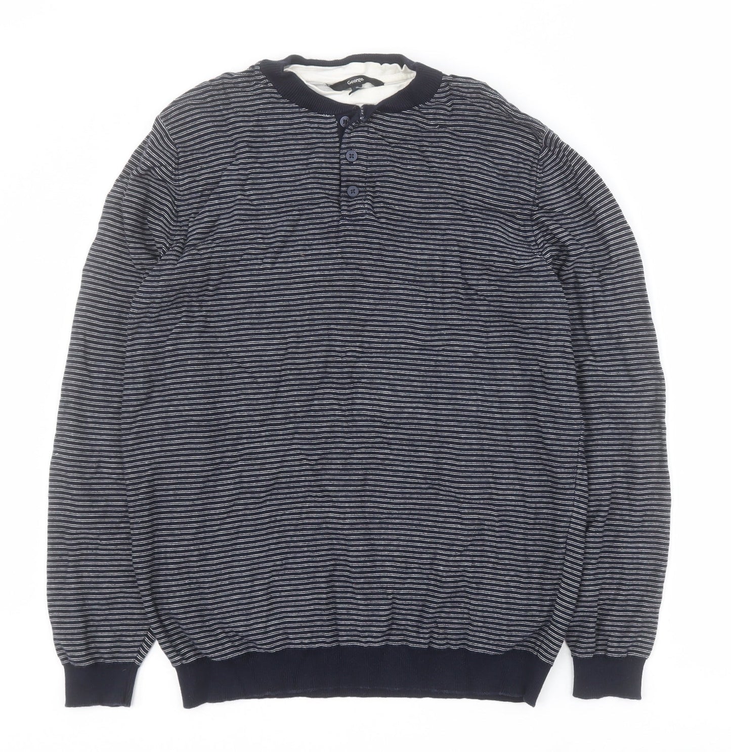 George Womens Blue Round Neck Striped 100% Cotton Pullover Jumper Size M