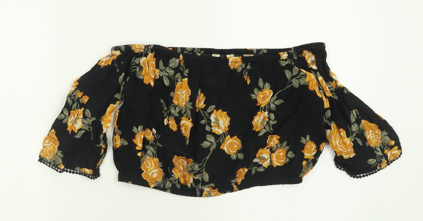 Miss Selfridge Womens Black Floral Viscose Cropped T-Shirt Size 10 Off the Shoulder
