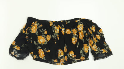 Miss Selfridge Womens Black Floral Viscose Cropped T-Shirt Size 10 Off the Shoulder