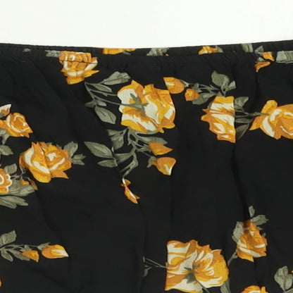 Miss Selfridge Womens Black Floral Viscose Cropped T-Shirt Size 10 Off the Shoulder