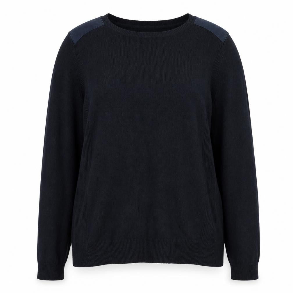 Front view of Dorothy Perkins women’s blue crew neck nylon jumper, size UK 18