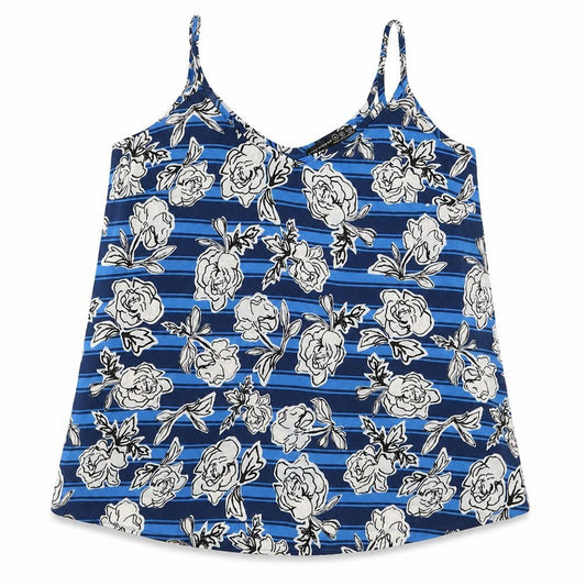 Front view of Atmosphere women’s blue floral polyester basic tank, size UK 8, v-neck