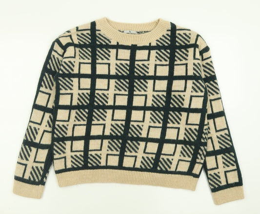 TU Womens Beige Crew Neck Geometric Acrylic Pullover Jumper Size 12