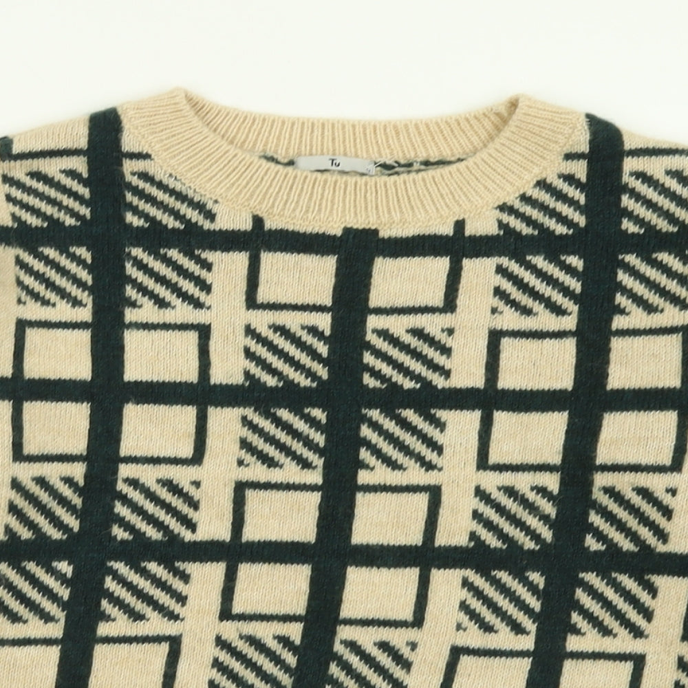 TU Womens Beige Crew Neck Geometric Acrylic Pullover Jumper Size 12